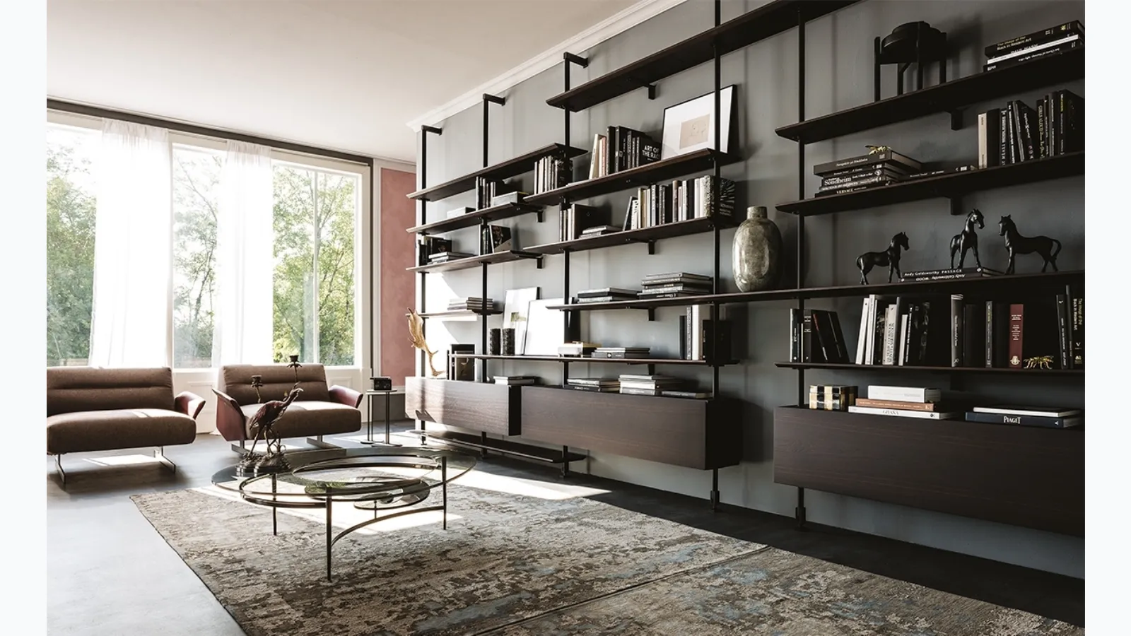 Modular wall library in embossed steel and wood Airport by Cattelan Italia.