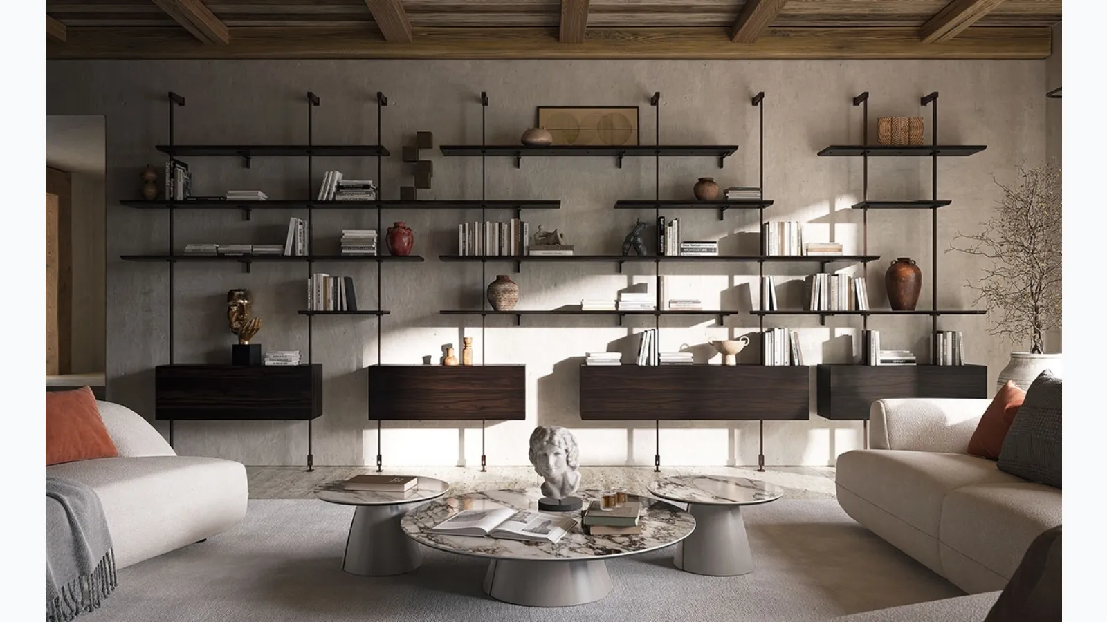 Modular wall-mounted bookcase in embossed steel and wood Airport by Cattelan Italia.