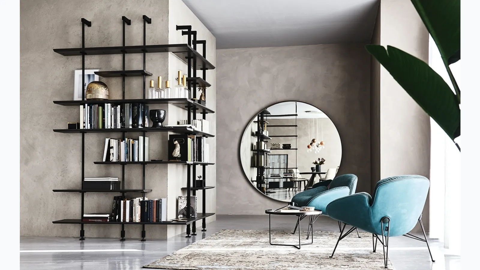 Modular wall-mounted library in embossed steel and wood Airport by Cattelan Italia.