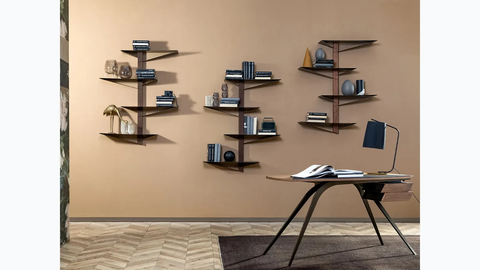 Suspended Albatros metal and wood bookcase by Tonin Casa.