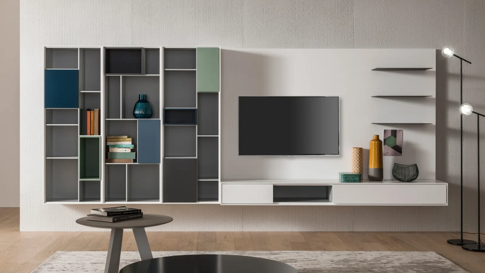 Ateneo bookcase suspended in matte lacquer various colors by Capo d'Opera.