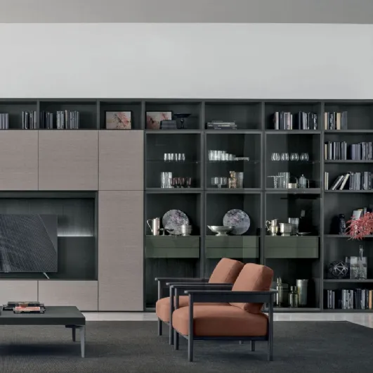 Atlas bookcase UNIT AT201 in alpaca material, carbon oak material and carbon oak canettè, lacquered in Tomasella forest.