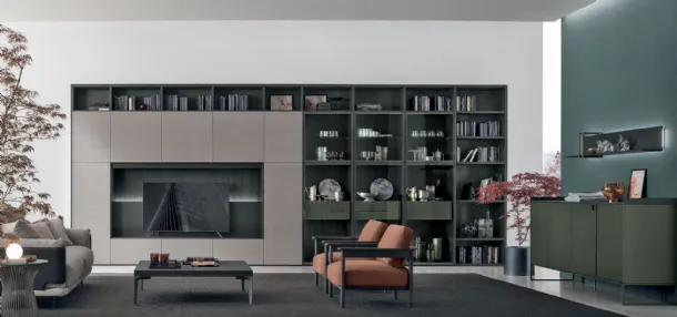 Atlas bookcase UNIT AT201 in alpaca material, carbon oak material and carbon oak canettè, lacquered in Tomasella forest.