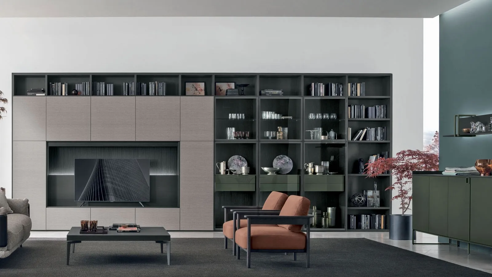 Atlas bookcase UNIT AT201 in alpaca material, carbon oak material and carbon oak canettè, lacquered in Tomasella forest.