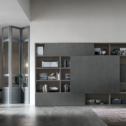 Atlas UNIT AT203 bookcase in anthracite matte material, dark intertwined material and mother-of-pearl metal by Tomasella.