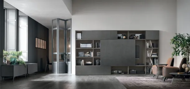 Atlas UNIT AT203 bookcase in anthracite matte material, dark intertwined material and mother-of-pearl metal by Tomasella.