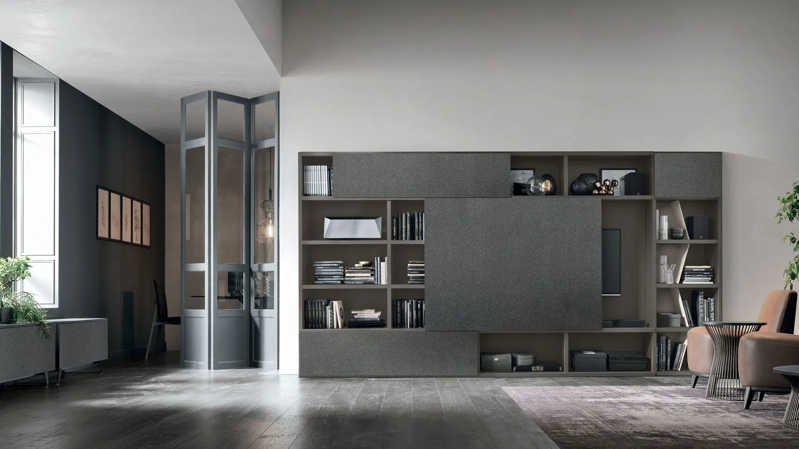 Atlas UNIT AT203 bookcase in anthracite matte material, dark intertwined material and mother-of-pearl metal by Tomasella.