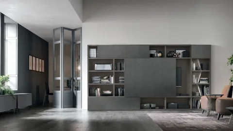 Atlas UNIT AT203 bookcase in anthracite matte material, dark intertwined material and mother-of-pearl metal by Tomasella.