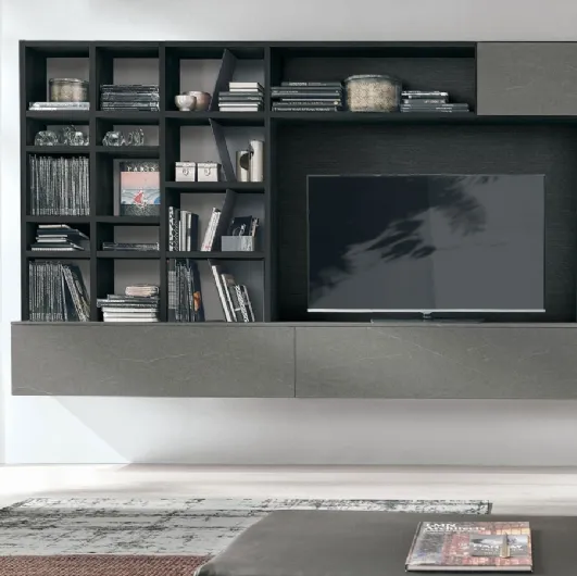 Atlas bookcase UNIT AT204 in charcoal oak material and dark piasentina material and bromodi lacquered metal by Tomasella.