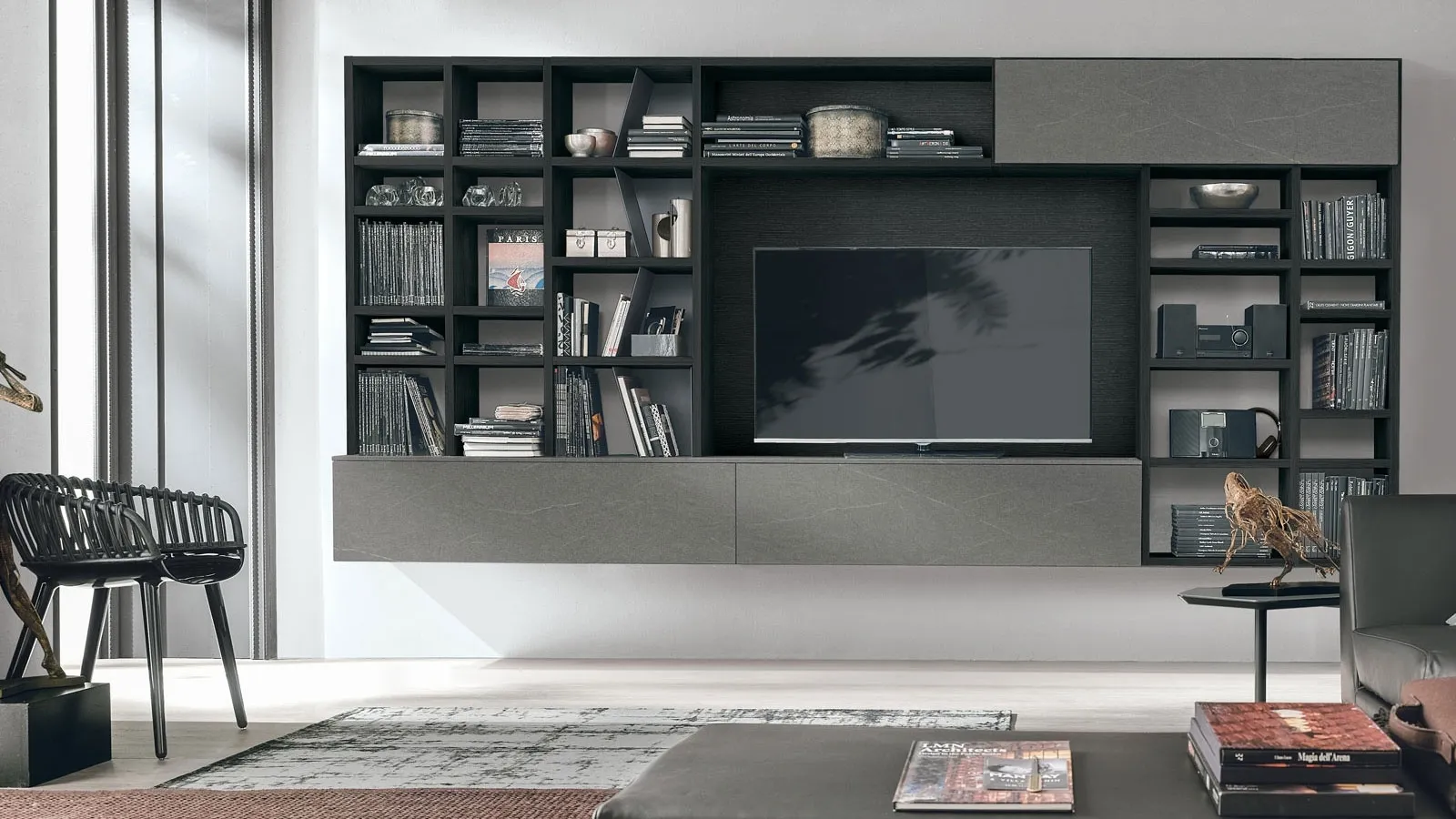 Atlas bookcase UNIT AT204 in charcoal oak material and dark piasentina material and bromodi lacquered metal by Tomasella.