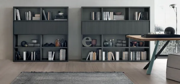 Atlas bookcase UNIT AT207 in anthracite matte material and anthracite matte lacquered Canetté by Tomasella.