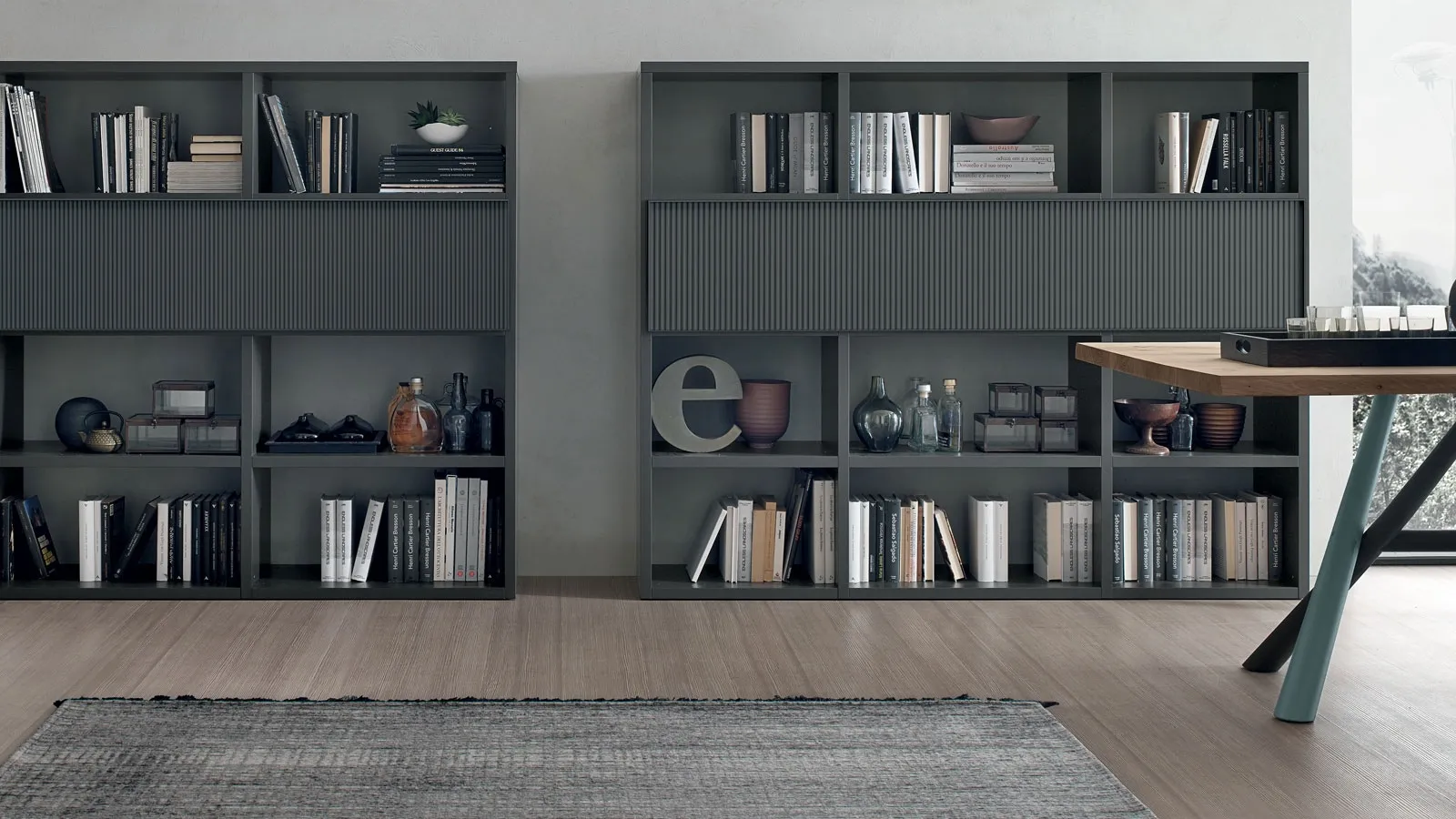 Atlas bookcase UNIT AT207 in anthracite matte material and anthracite matte lacquered Canetté by Tomasella.