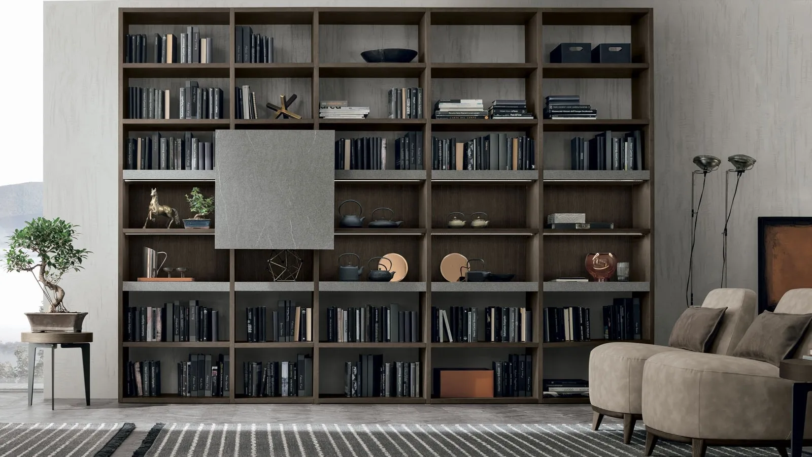 Atlas bookcase UNIT AT209 in moka oak material, dark piasentina material by Tomasella.