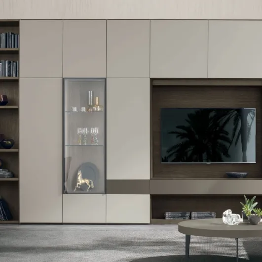 Atlas bookcase UNIT AT210 in moka oak material, bronzed metallic lacquer and matte arena material by Tomasella.