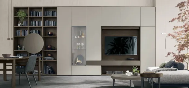 Atlas bookcase UNIT AT210 in moka oak material, bronzed metallic lacquer and matte arena material by Tomasella.