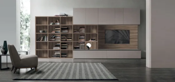 Atlante UNIT AT215 bookcase in alpaca material, amber walnut material and matte anthracite metal by Tomasella.