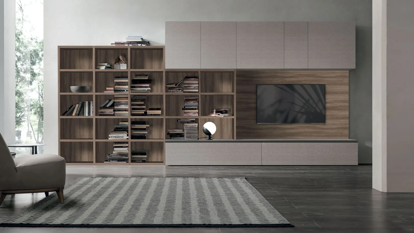 Atlante UNIT AT215 bookcase in alpaca material, amber walnut material and matte anthracite metal by Tomasella.