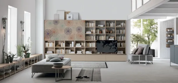 Atlas Library UNIT AT218 in sand oak material with artistic graphics by Tomasella.