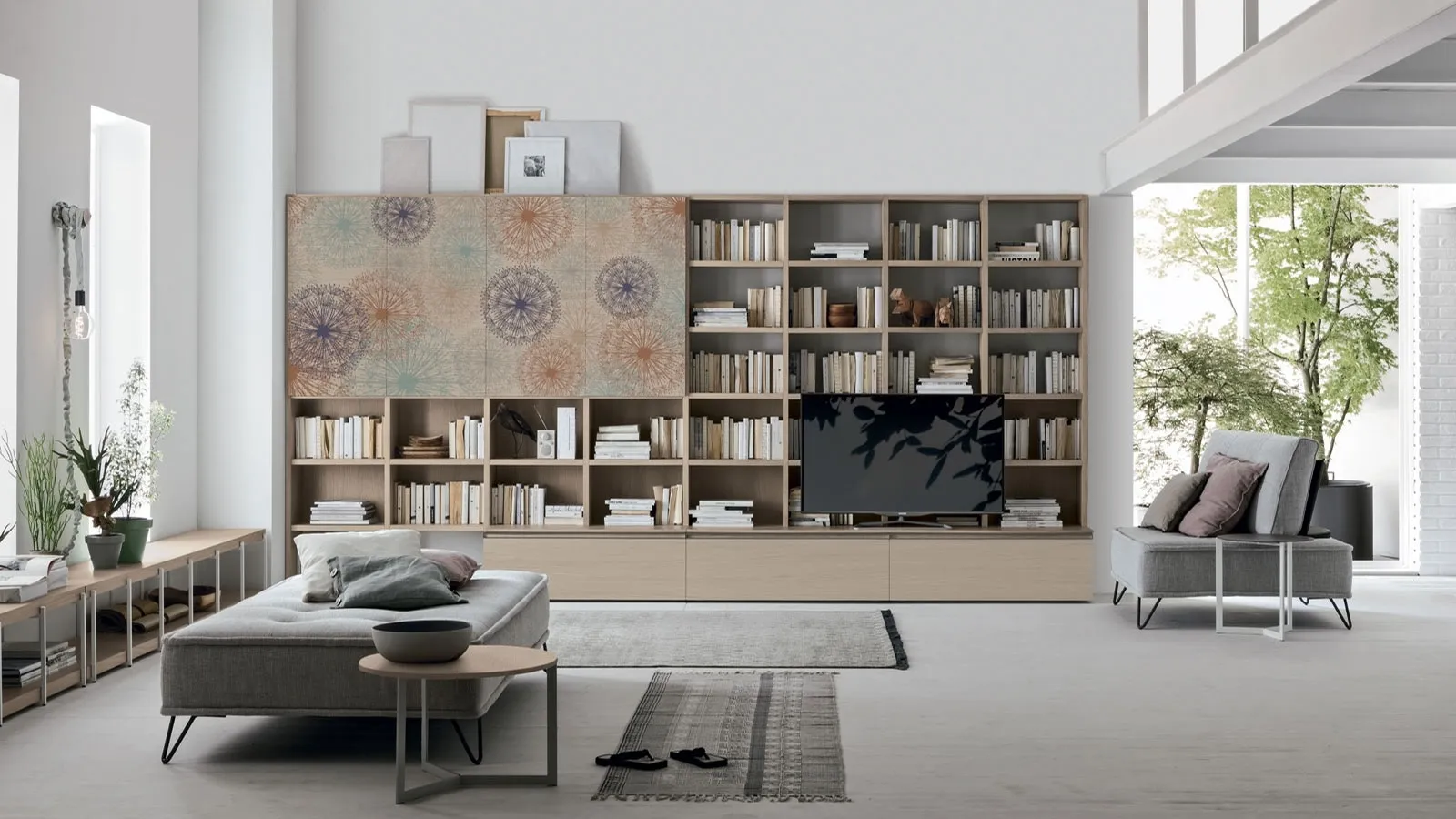 Atlas Library UNIT AT218 in sand oak material with artistic graphics by Tomasella.