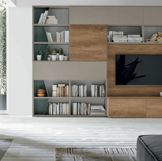 Atlas bookcase UNIT AT219 in light knotted material, matte sand material, and myrtle metal by Tomasella.