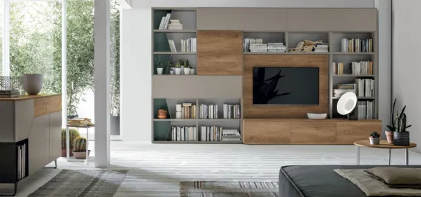 Atlas bookcase UNIT AT219 in light knotted material, matte sand material, and myrtle metal by Tomasella.