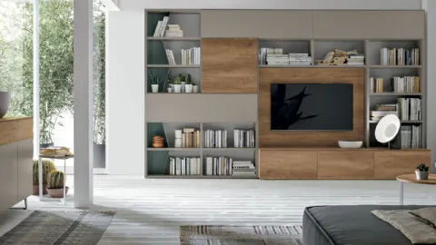 Atlas bookcase UNIT AT219 in light knotted material, matte sand material, and myrtle metal by Tomasella.