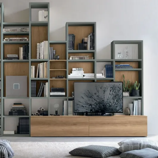 Atlas bookcase UNIT AT220 in light knotted material and opaque basalt material by Tomasella.