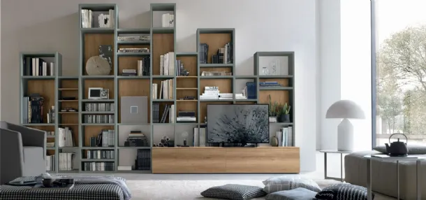 Atlas bookcase UNIT AT220 in light knotted material and opaque basalt material by Tomasella.