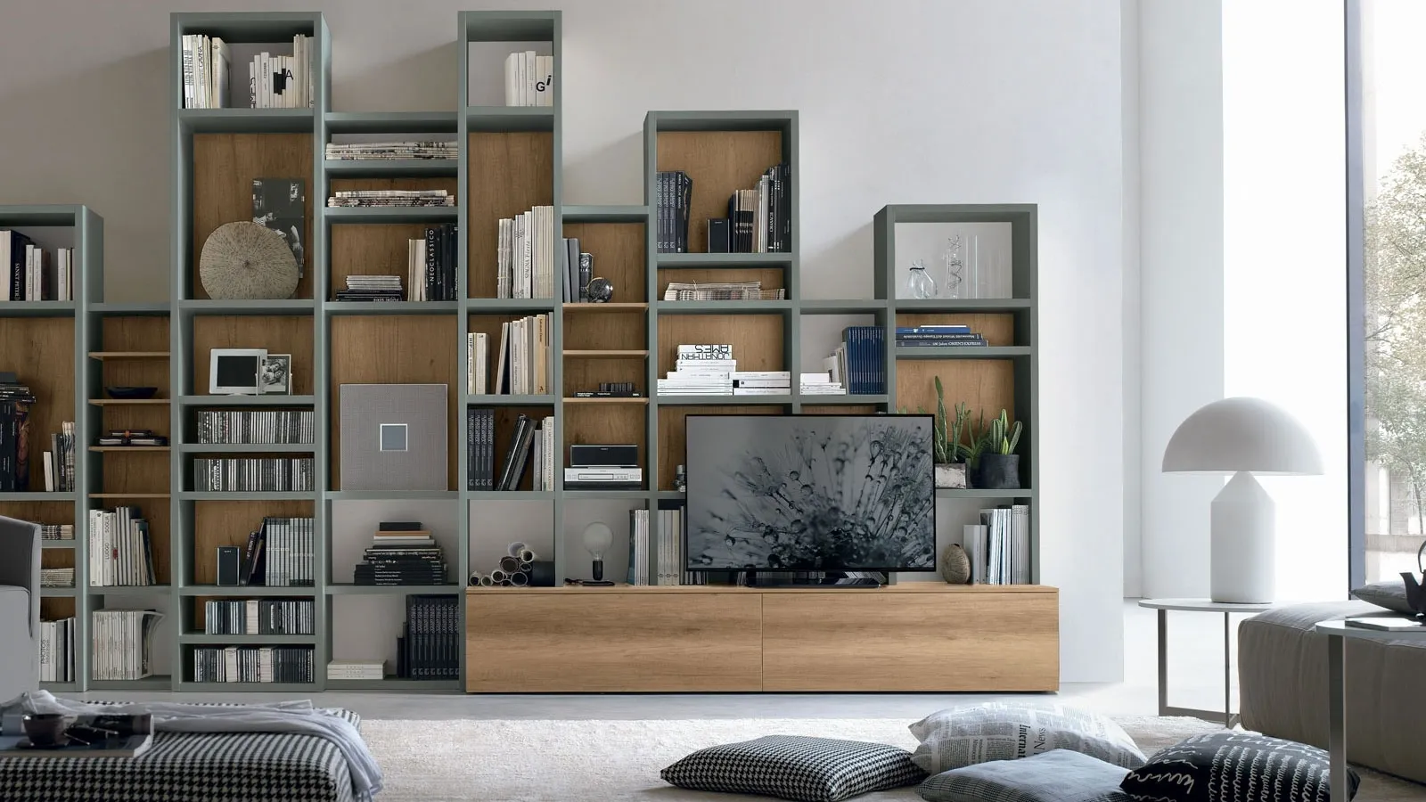 Atlas bookcase UNIT AT220 in light knotted material and opaque basalt material by Tomasella.