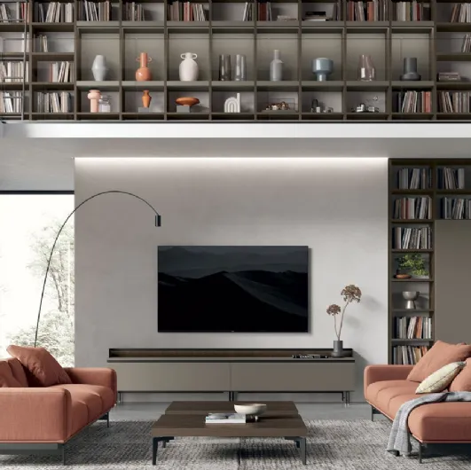 Atlas bookcase UNIT AT222 in moka oak material and metallic cast iron lacquered by Tomasella.