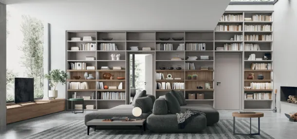 Atlas Bookshelf UNIT AT223 in amber walnut and alpaca material by Tomasella.