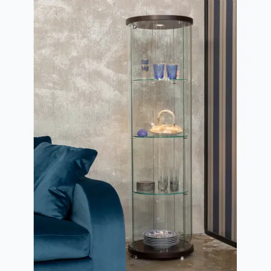 Glass bookcase with wooden top and base Ego Round by Tonin Casa.