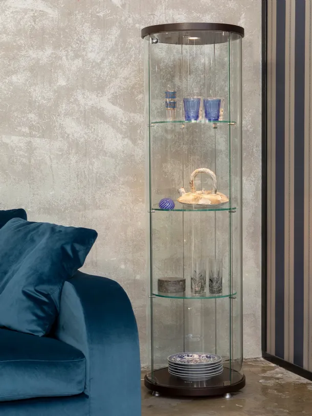 Glass bookcase with wooden top and base Ego Round by Tonin Casa.