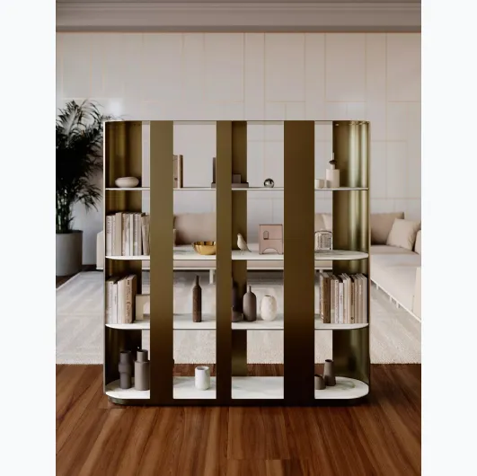 Helena lacquered metal bookcase with shelves in SuperMarble by Bontempi.