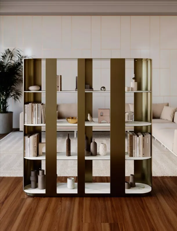 Helena lacquered metal bookcase with shelves in SuperMarble by Bontempi.