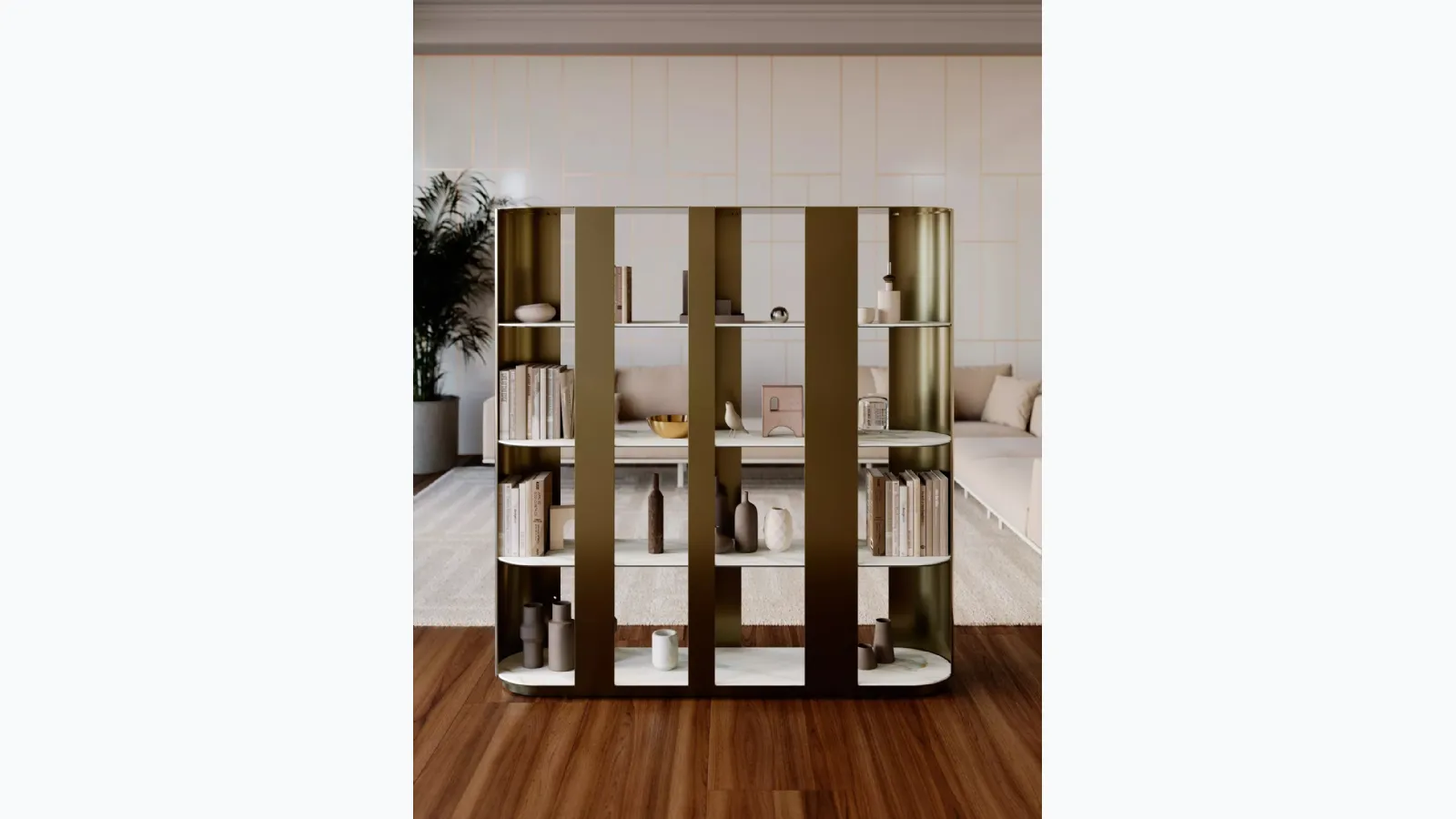 Helena lacquered metal bookcase with shelves in SuperMarble by Bontempi.