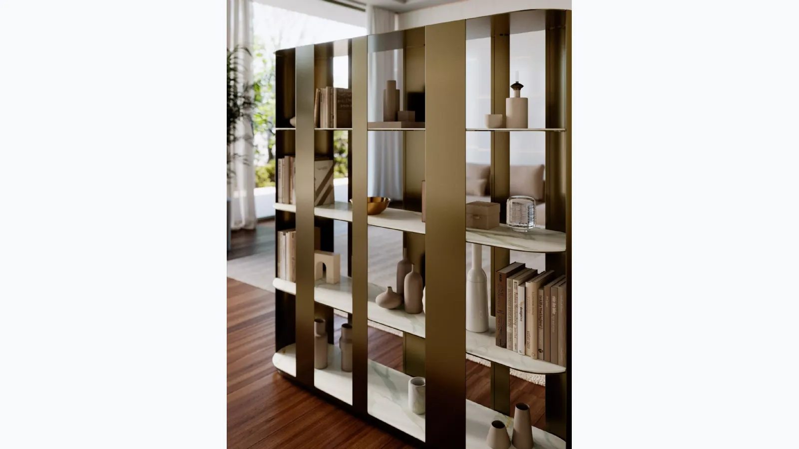 Helena lacquered metal room divider bookcase with SuperMarble shelves by Bontempi.