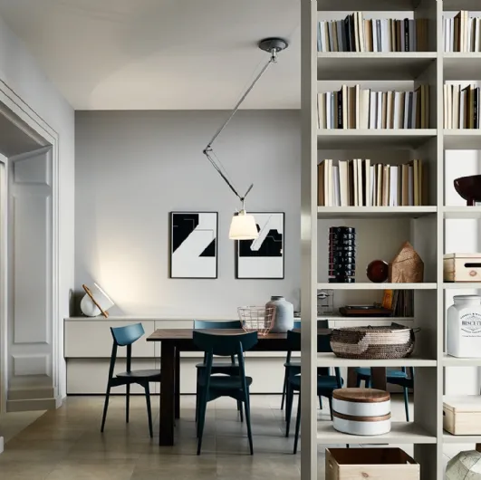 Living 01 divider bookcase in matte silk Grey Tortora lacquer by Veneta Cucine.