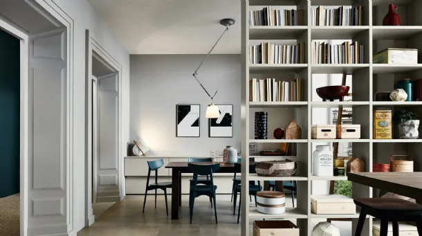 Living 01 divider bookcase in matte silk Grey Tortora lacquer by Veneta Cucine.