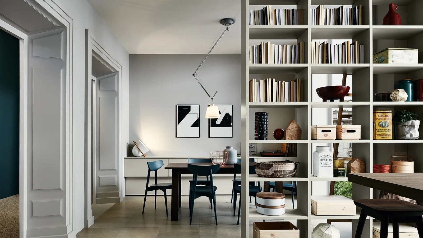 Living 01 divider bookcase in matte silk Grey Tortora lacquer by Veneta Cucine.