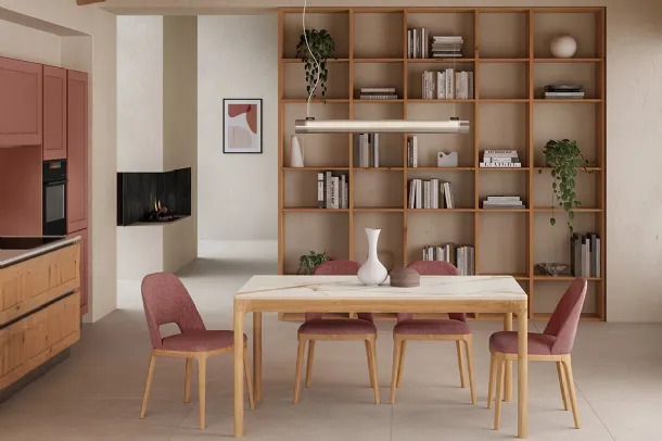 Modular living room bookcase 05 in knotty Oak by Veneta Cucine.