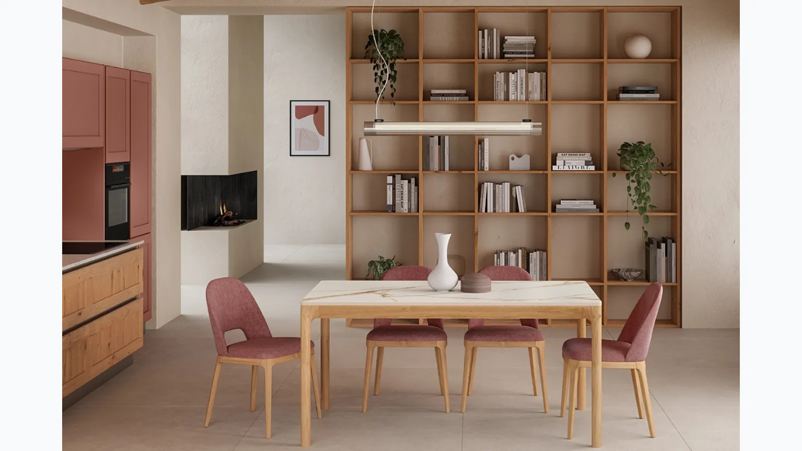 Modular living room bookcase 05 in knotty Oak by Veneta Cucine.