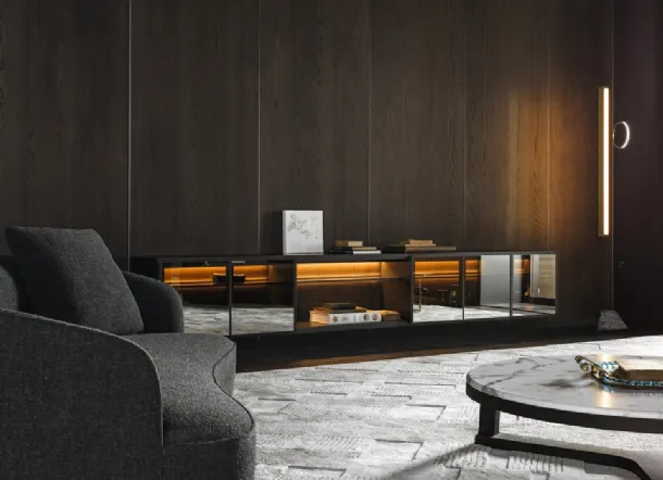 Logos Set 03 suspended bookshelf in wood with mirrored glass by Molteni & C