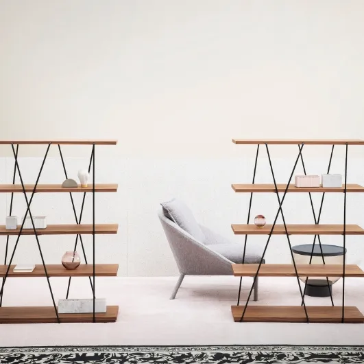 Matassa bookcase with wooden shelves and lacquered metal structure by Miniforms.
