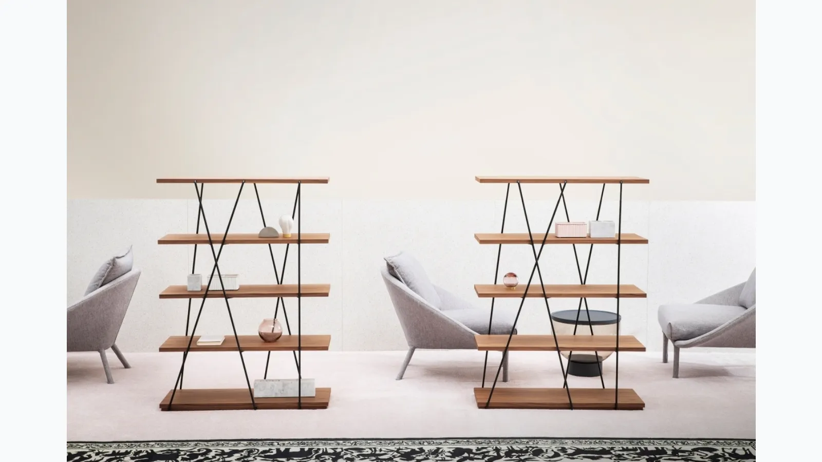 Matassa bookcase with wooden shelves and lacquered metal structure by Miniforms.