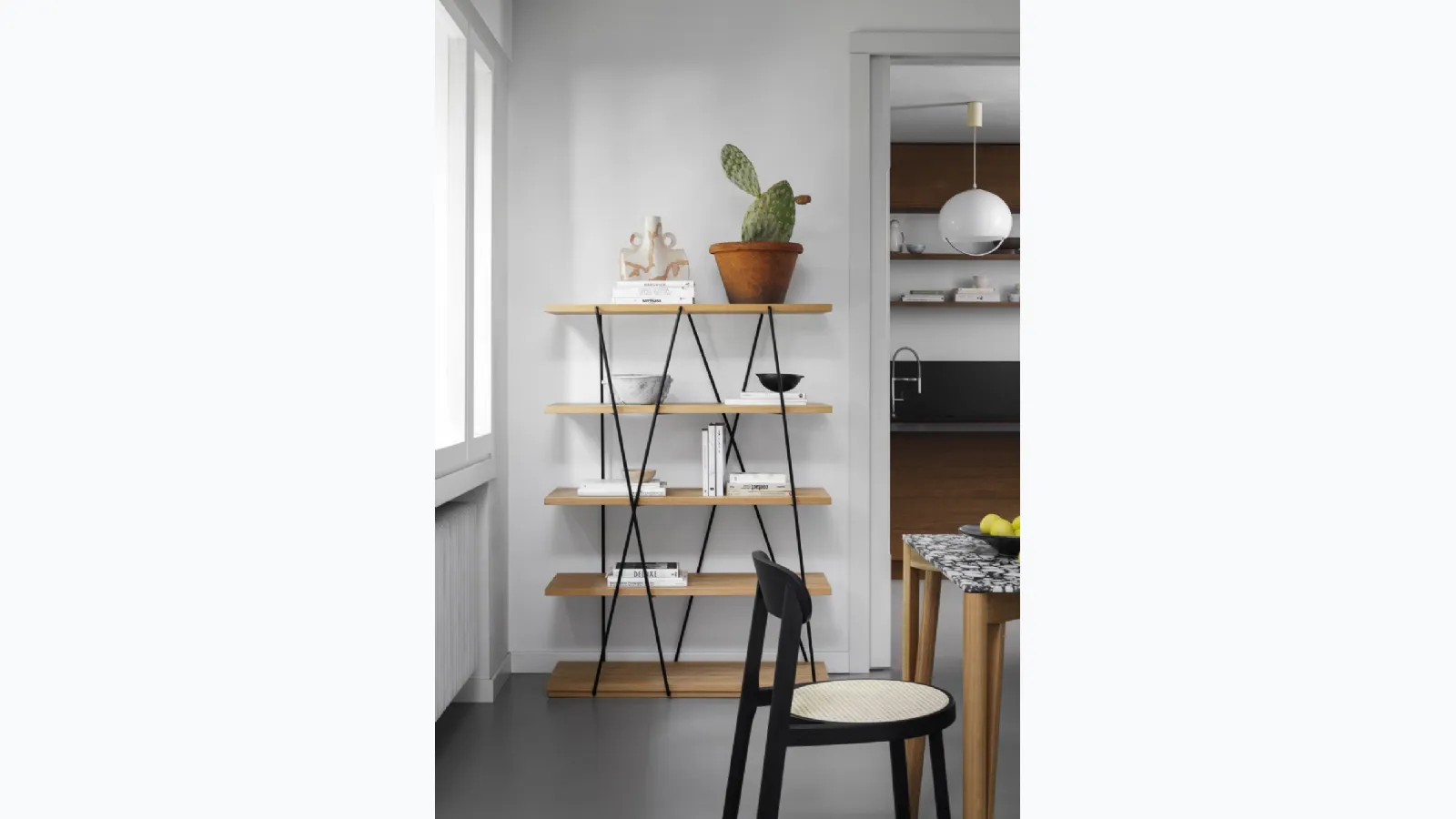 Matassa bookshelf with wooden shelves and lacquered metal structure by Miniforms.
