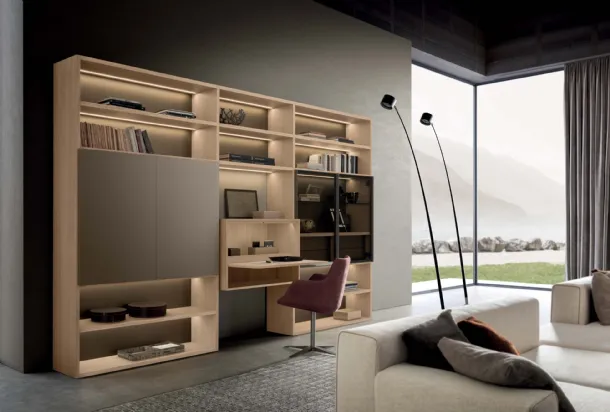Pari & Dispari 09 wooden bookcase with matte lacquered doors and Presotto glass