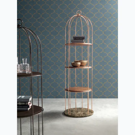 Freestanding metal Tweet bookcase with solid wood shelves and Tonin Casa marble base.