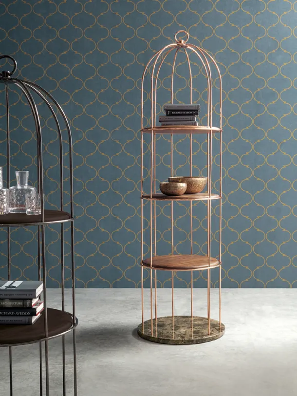 Freestanding metal Tweet bookcase with solid wood shelves and Tonin Casa marble base.
