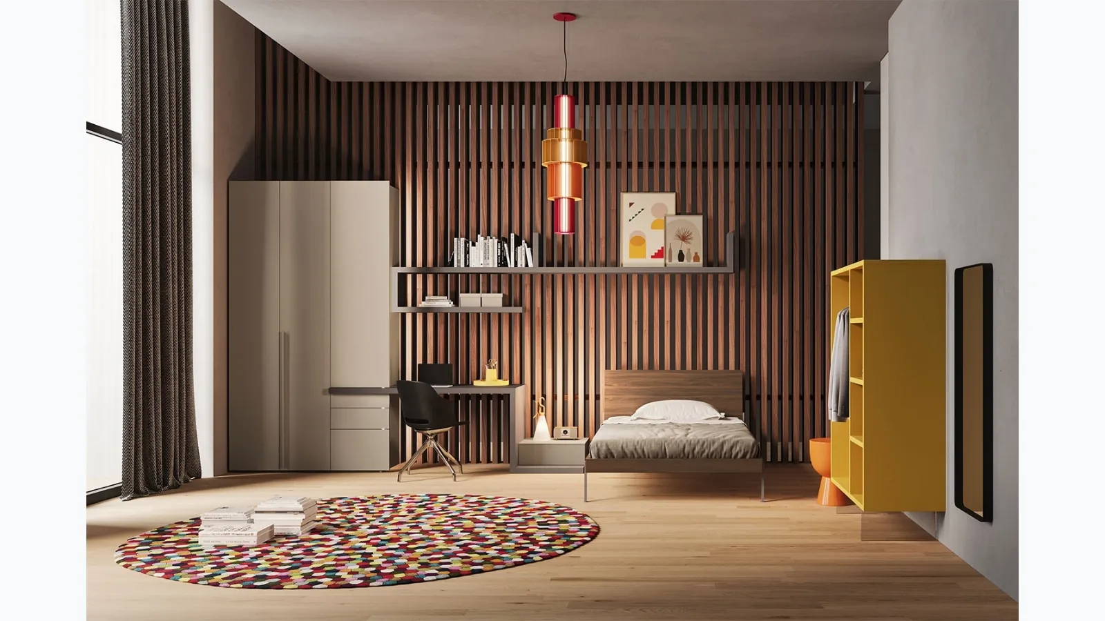 Minimal modular bedroom in melamine and matte lacquer Start T10 by Clever.